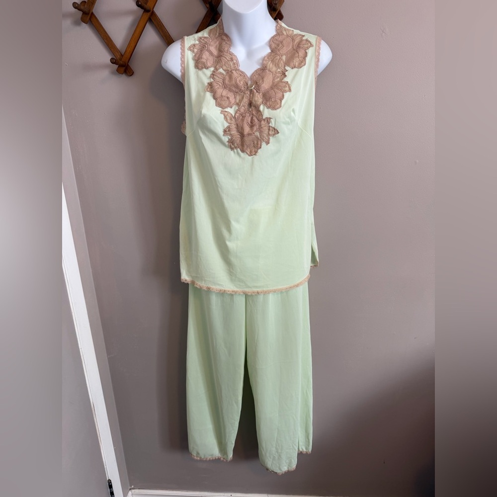 Vintage Mint Lace Nylon Pajama Set Green Kayser Small